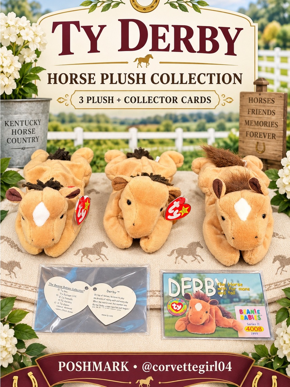 Ty Derby Plush Horse Trio - Tan with Brown Mane & Collector Card